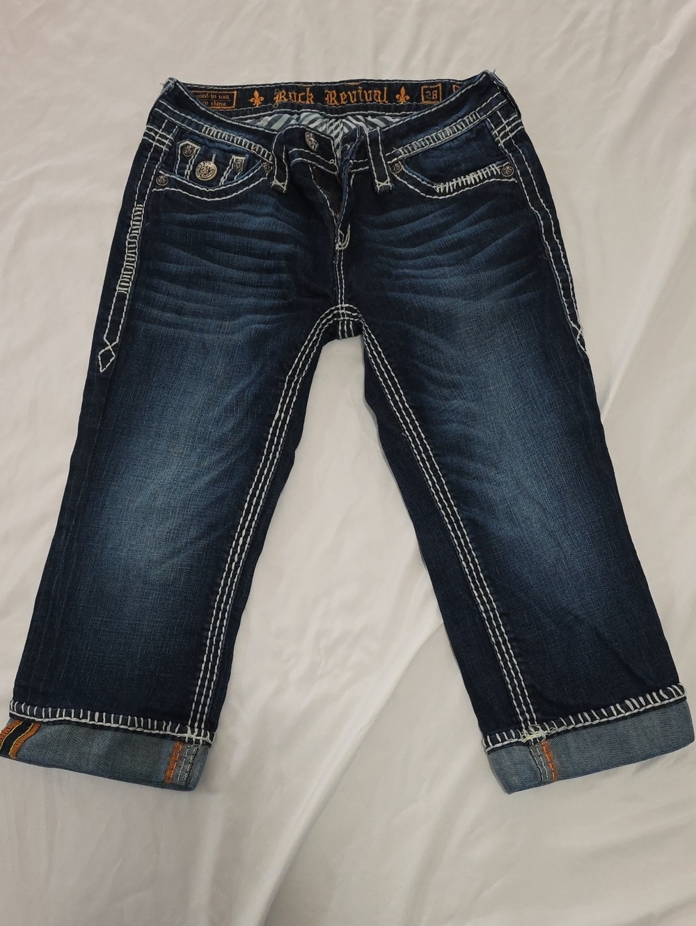 Rock Revival Dark Wash Cropped Jeans with White Contrast Stitching